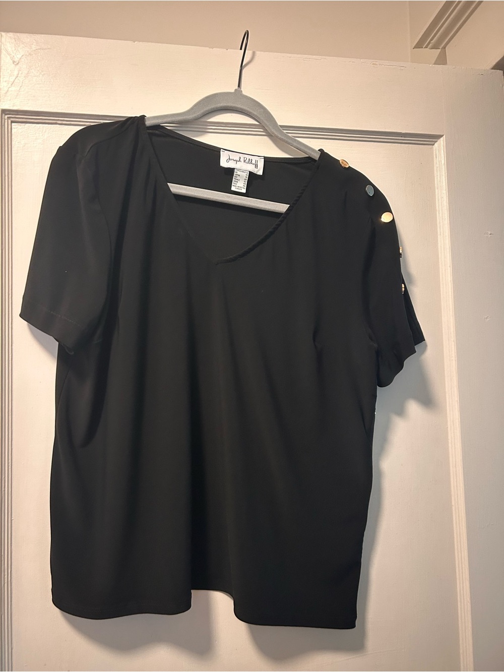 Joseph Ribkoff Black Short-Sleeve V-Neck Top with Gold Shoulder Buttons